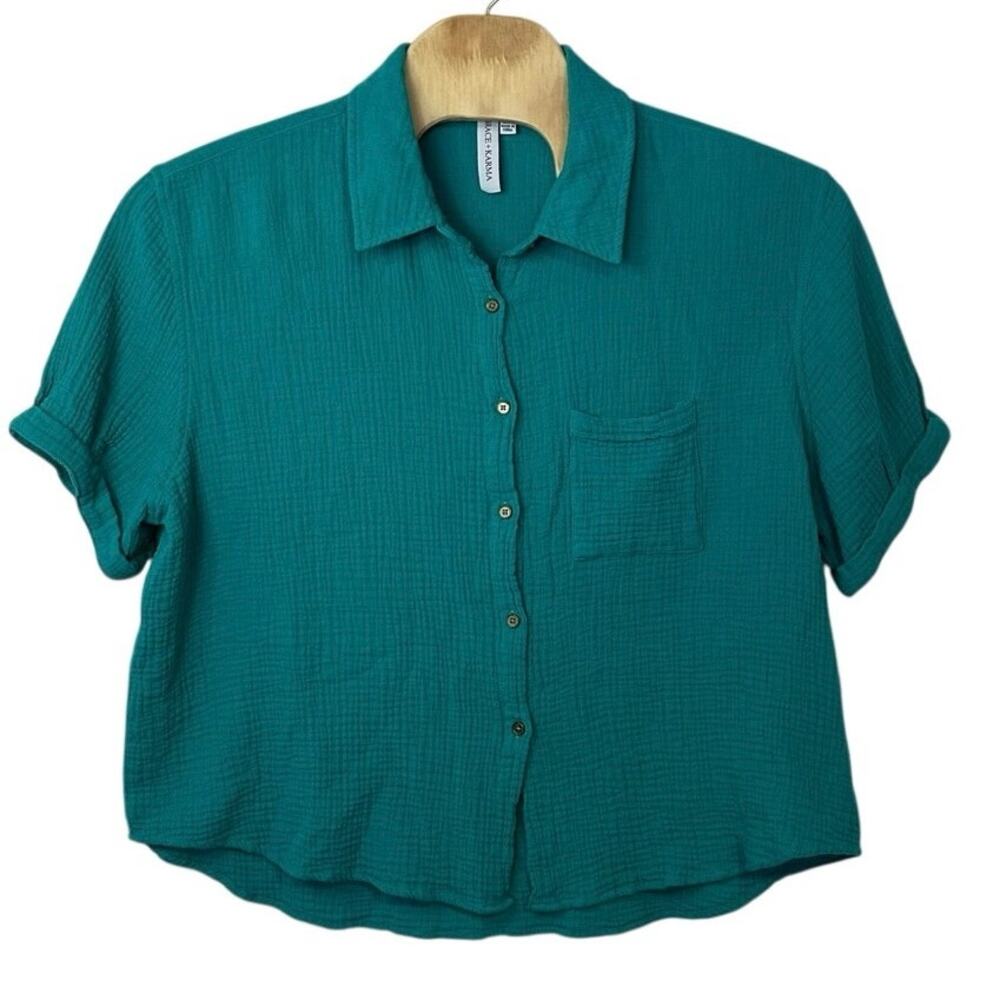 Grace + Karma Women’s Button Down Gauzy‎ Muslin Cotton Top Size 2X Teal Beachy